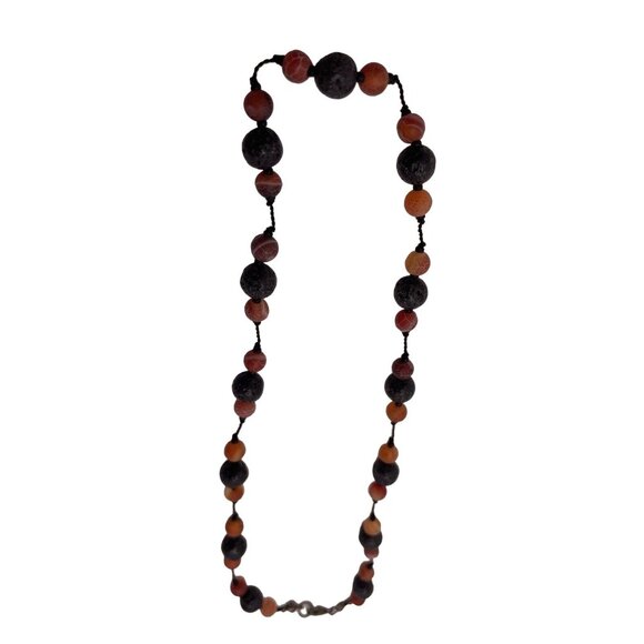 Necklace Women 16" Beaded Black & Red Orange Lava Rock 925 Silver Clasp - Picture 4 of 9